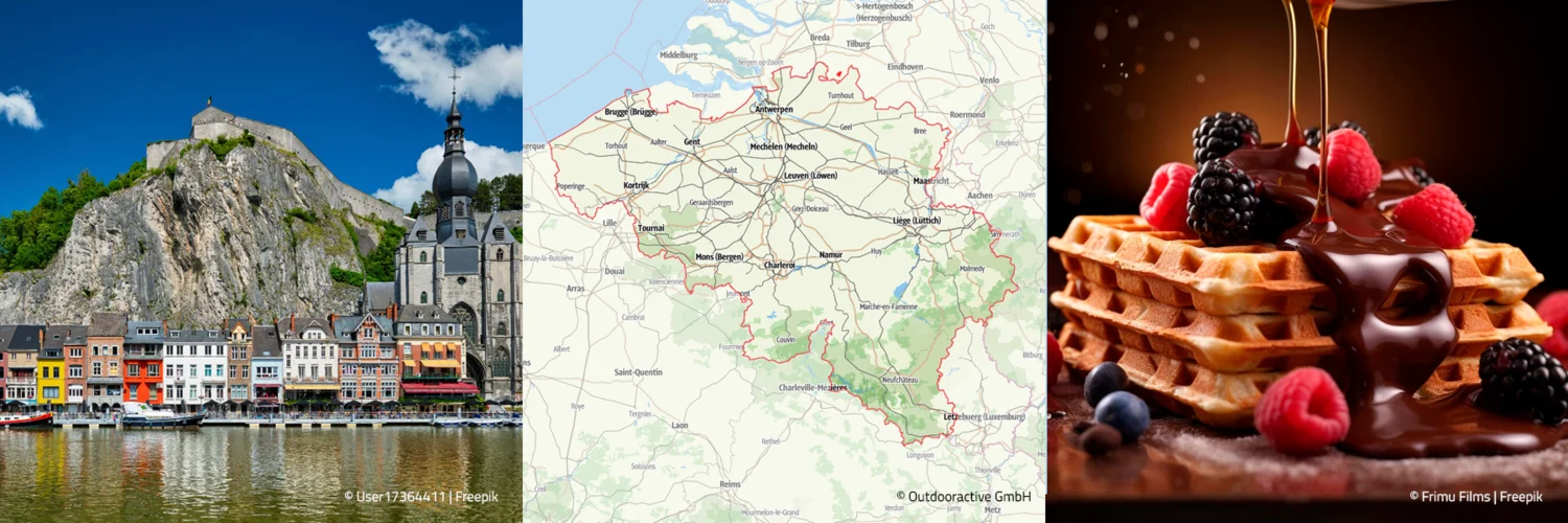 Belgien Landschaftsbild mit Landkarte und herzhafte Waffeln mit Schokoguß